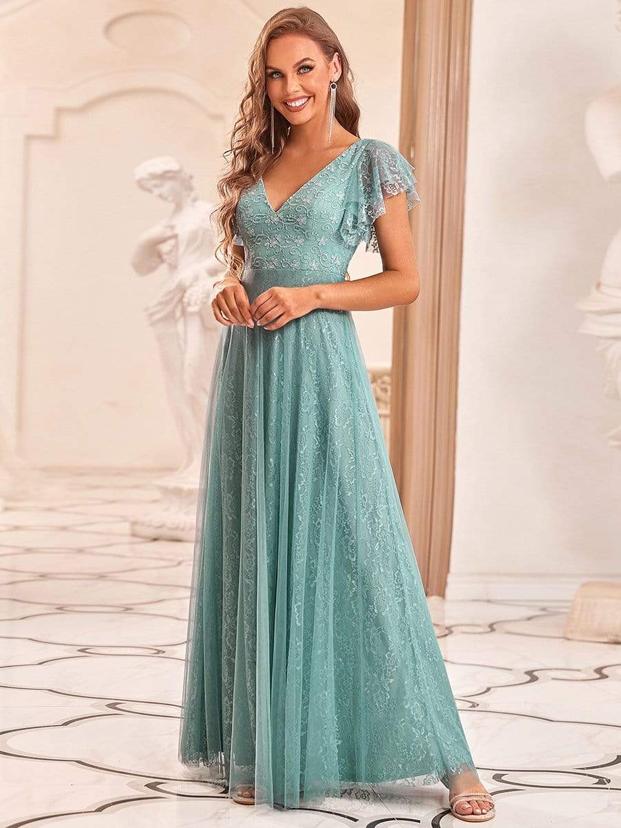 Double V Neck Long Lace Evening Dress with Ruffle Sleeves #color_Dusty Blue