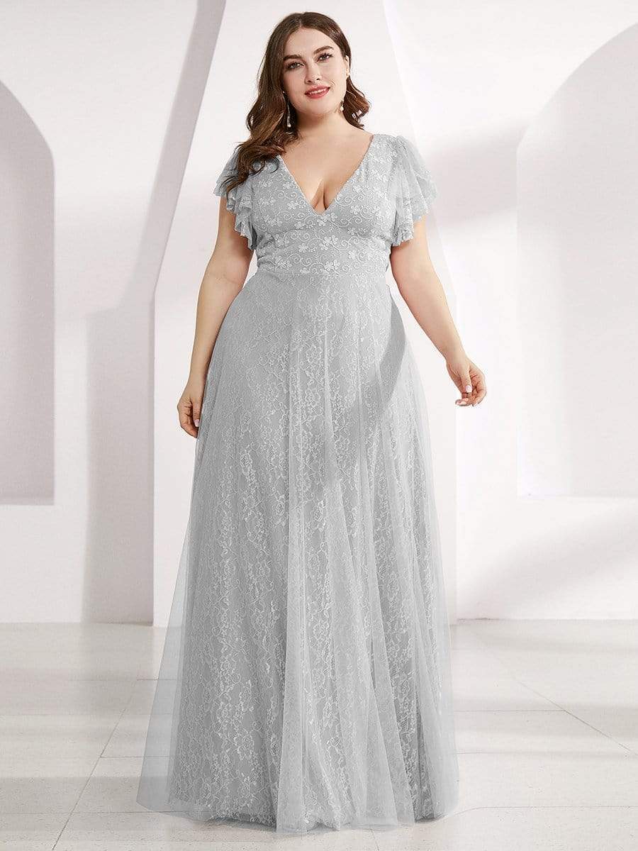 Plus Size Cap Sleeve Floral Lace Long Formal Dresses #color_Grey