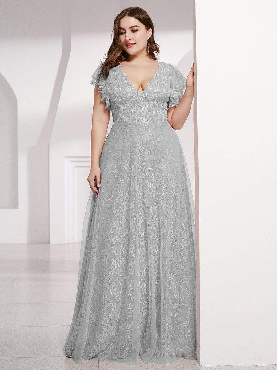 Plus Size Cap Sleeve Floral Lace Long Formal Dresses #color_Grey