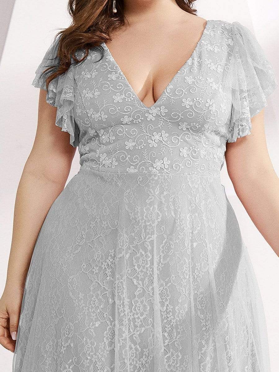 Plus Size Cap Sleeve Floral Lace Long Formal Dresses #color_Grey