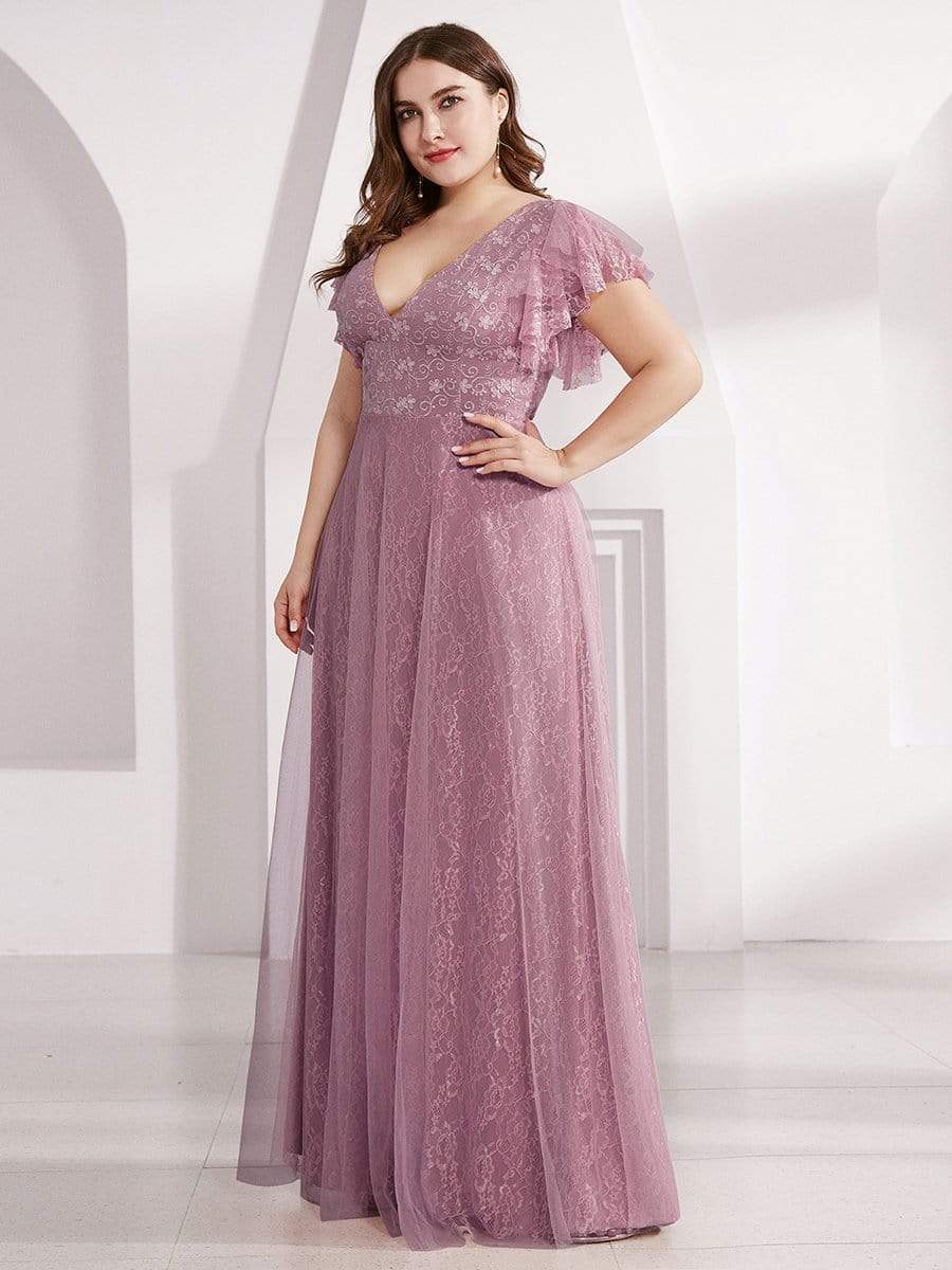 Double V Neck Long Lace Evening Dress with Ruffle Sleeves #color_Purple Orchid