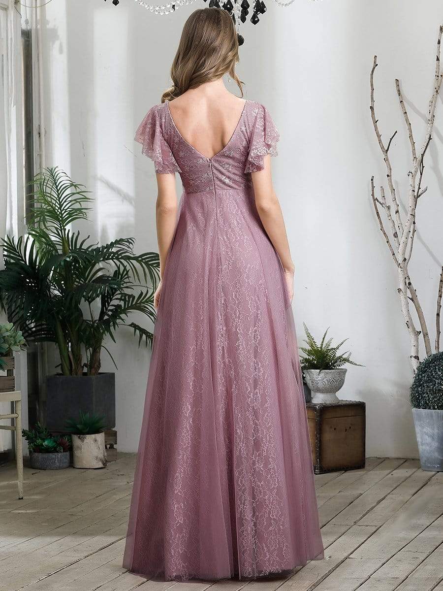 Double V Neck Long Lace Evening Dress with Ruffle Sleeves #color_Purple Orchid