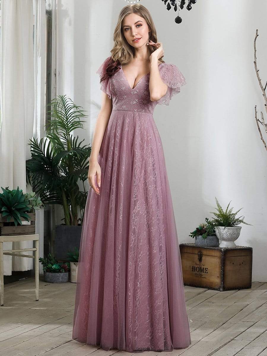Double V Neck Long Lace Evening Dress with Ruffle Sleeves #color_Purple Orchid