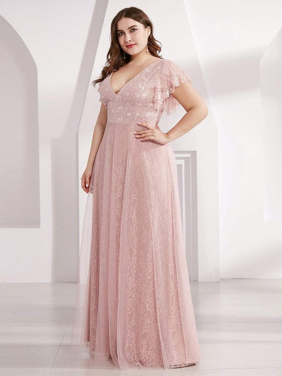 Double V Neck Long Lace Evening Dress with Ruffle Sleeves #color_Pink