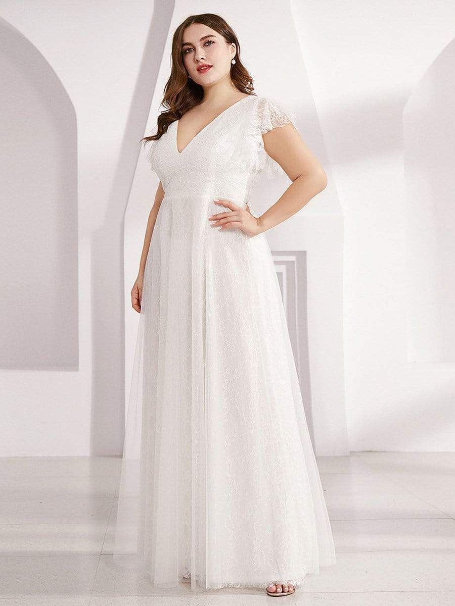 Plus Size Cap Sleeve Floral Lace Long Formal Dresses #color_White