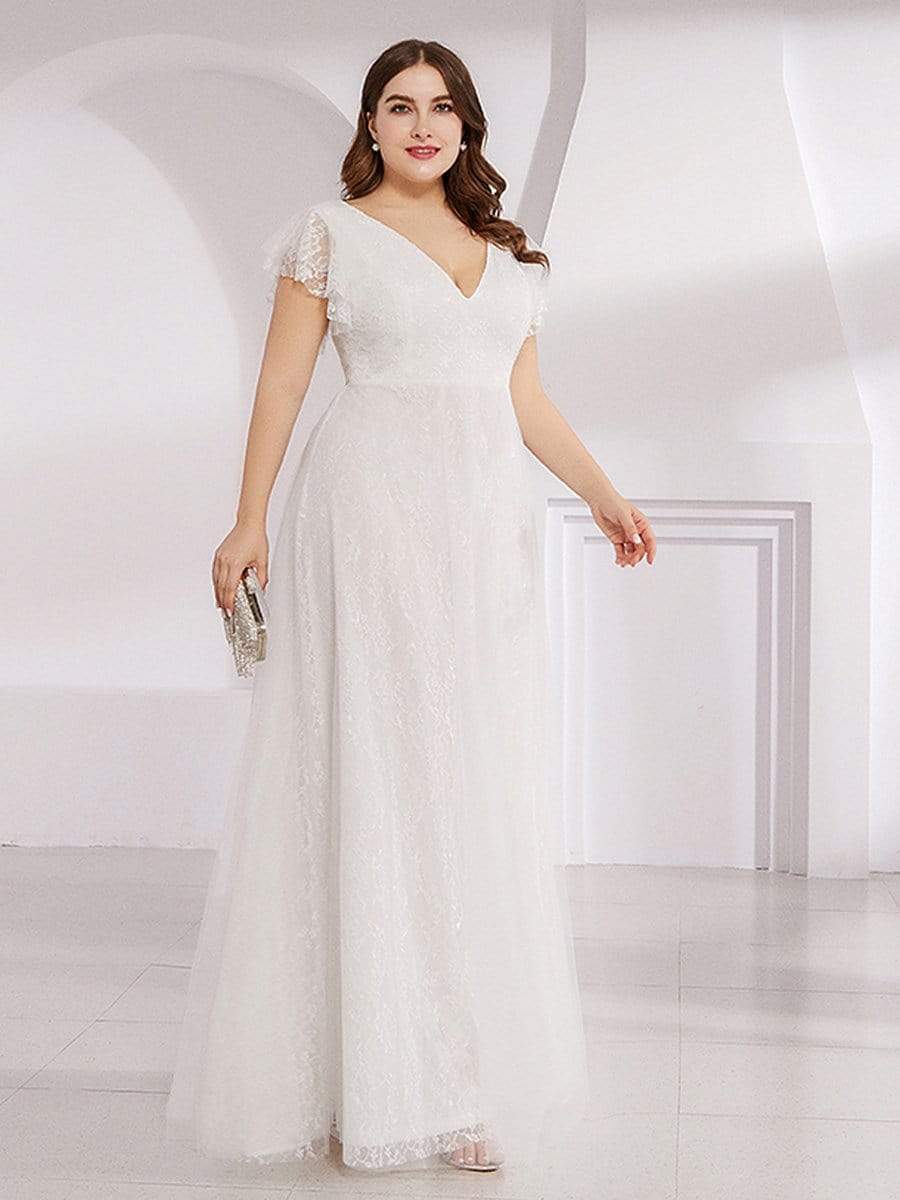 Ever-Pretty Lace V-Neck Floor Length Cap Sleeve Casual Wedding Dress in Cream Size 12