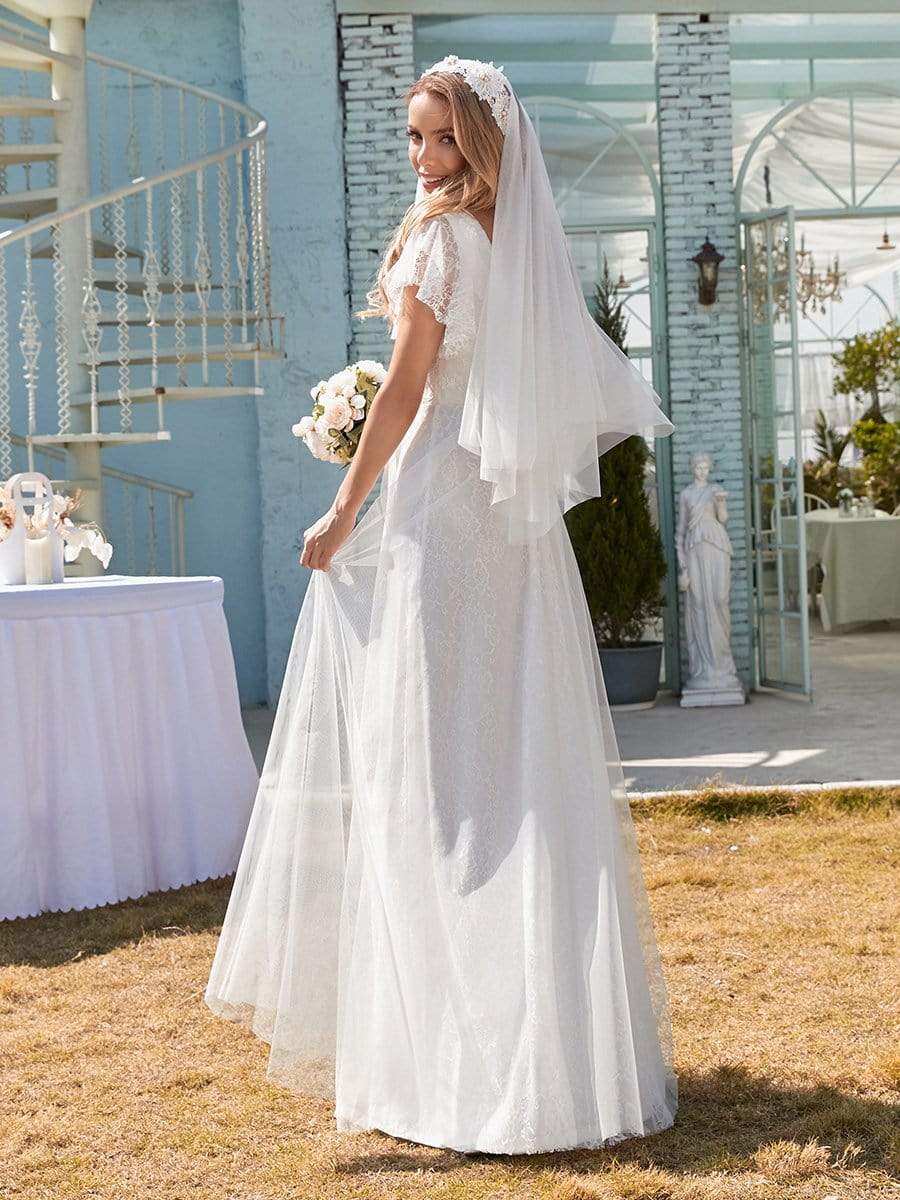 Ever-Pretty All-Over Lace Bell Sleeve Fishtail Wedding Dress in White Size 8