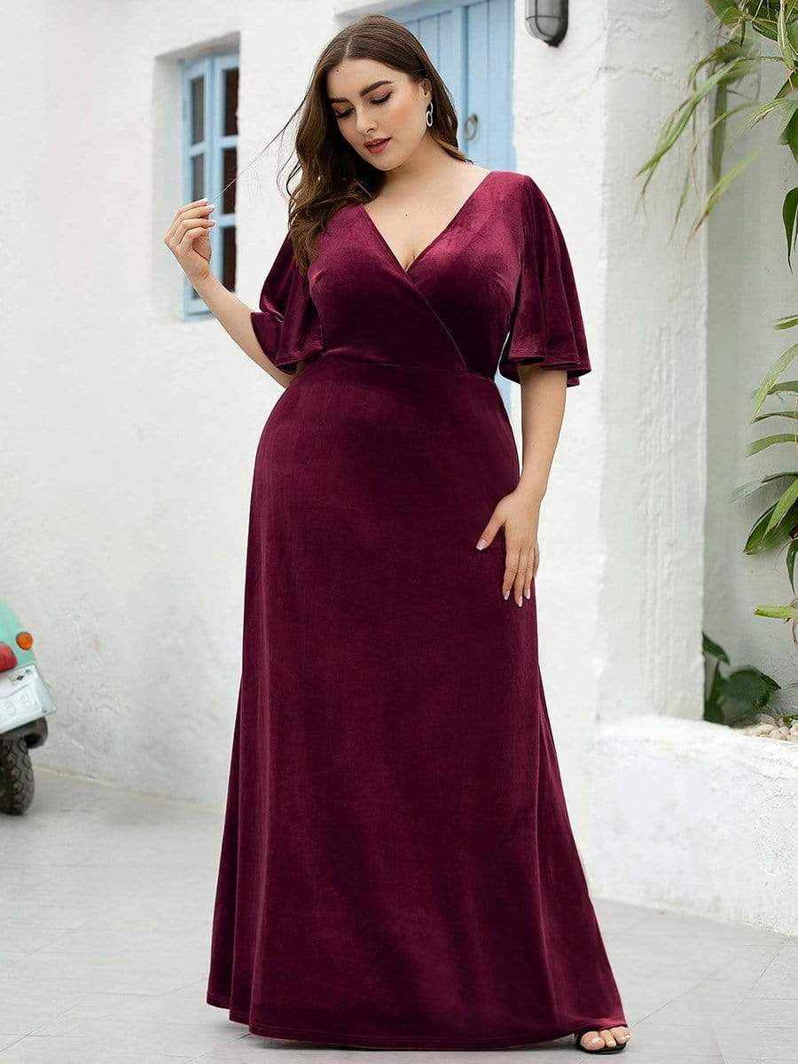 Elegant Double V Neck Velvet Party Dress with Sleeves #color_Burgundy 