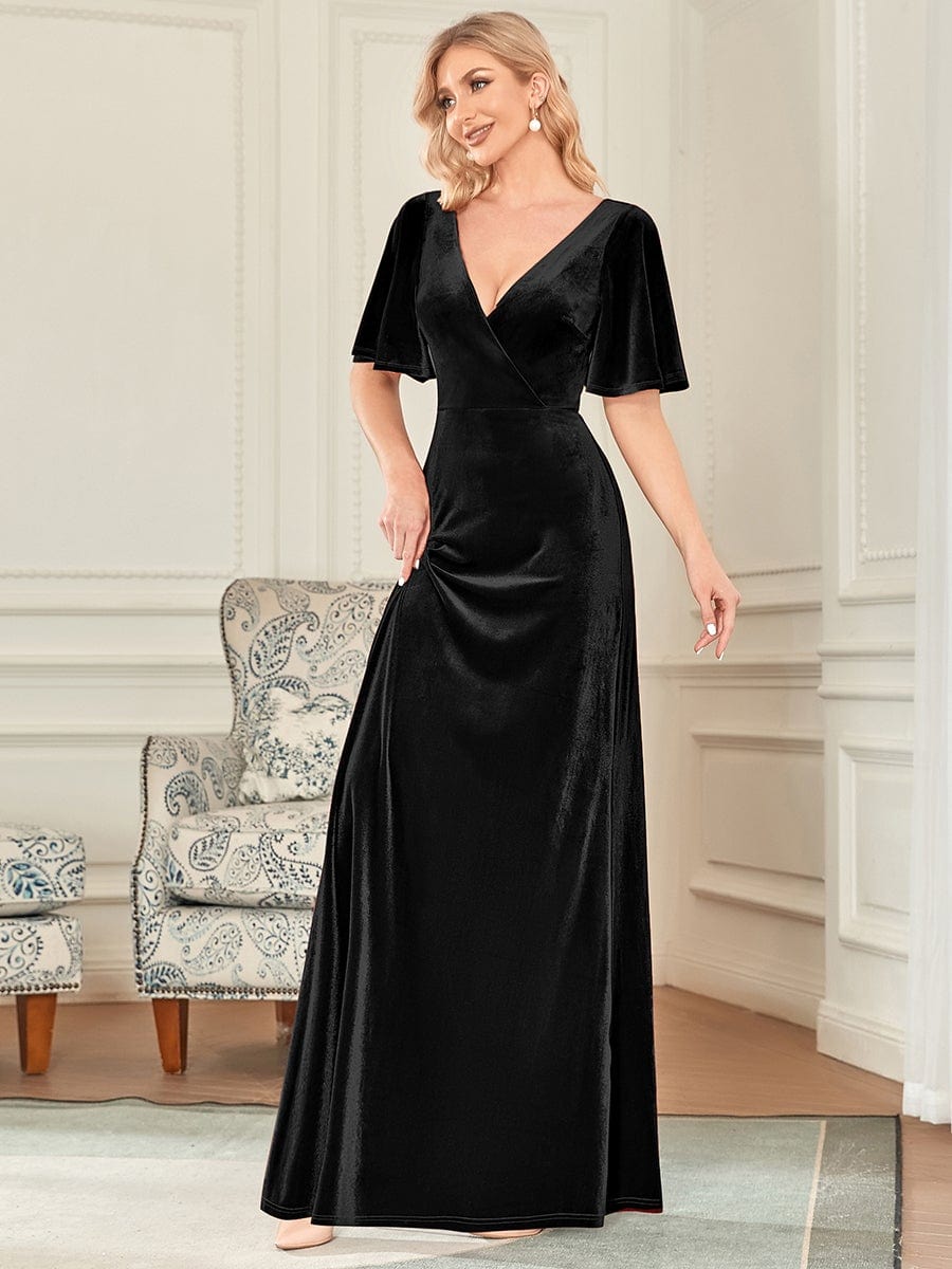 Elegant Double V Neck Velvet Party Dress with Sleeves #color_Black 