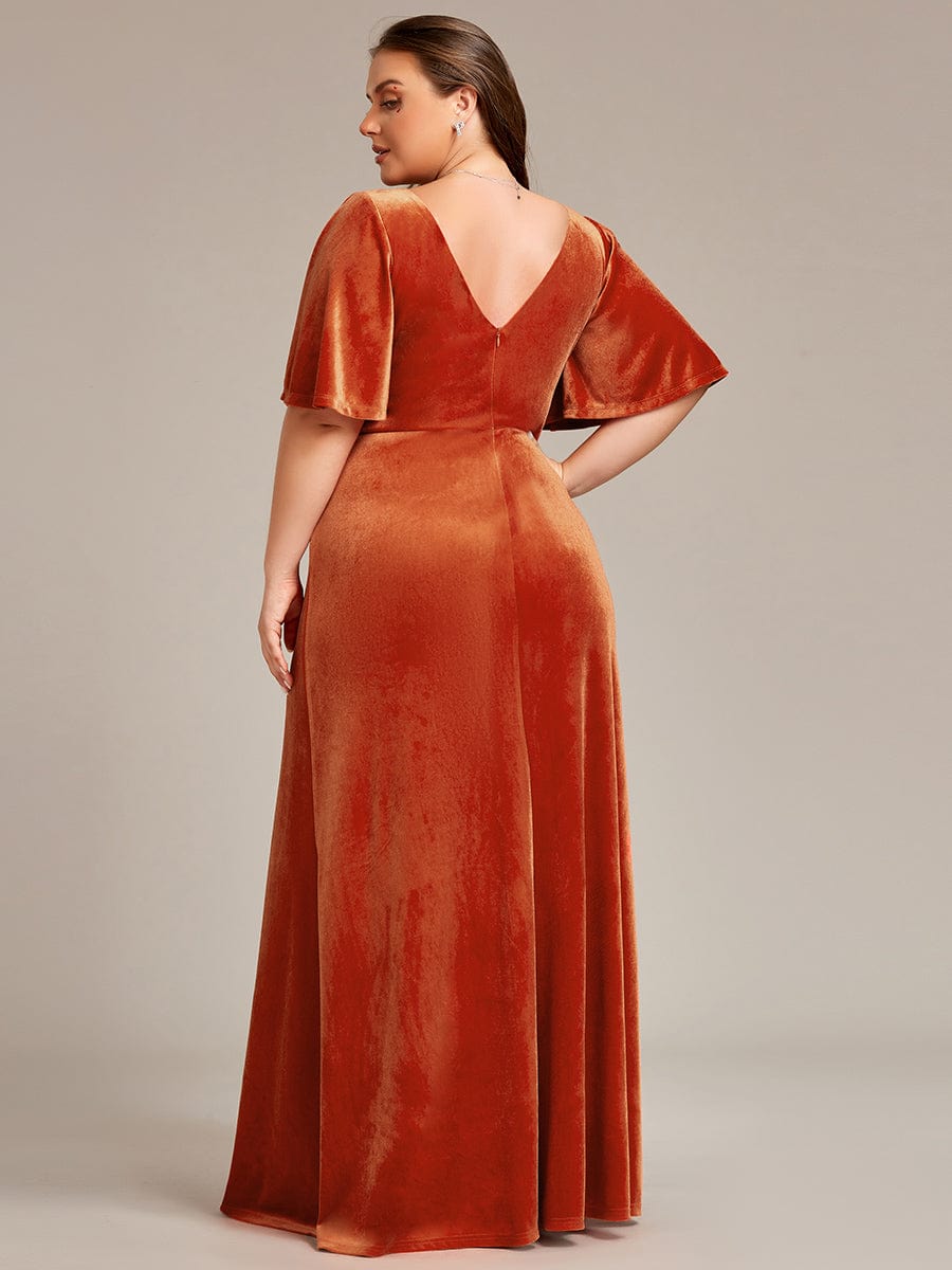 Elegant Double V Neck Velvet Party Dress with Sleeves #color_Burnt Orange