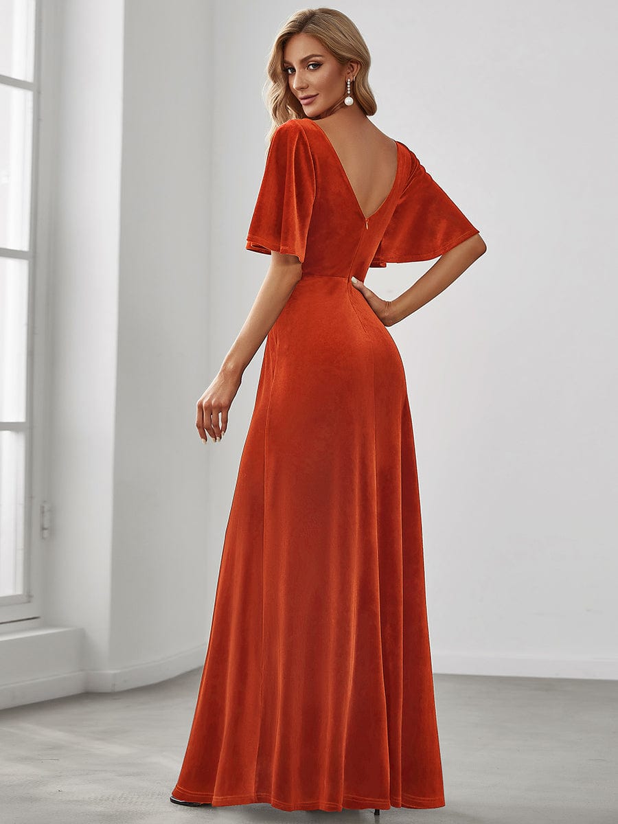 Elegant Double V Neck Velvet Party Dress with Sleeves #color_Burnt Orange