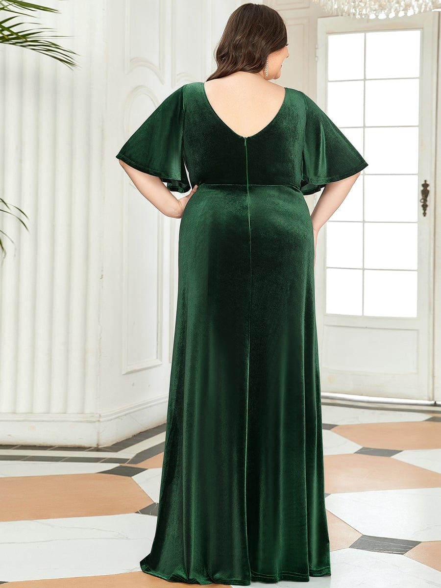 Elegant Double V Neck Velvet Party Dress with Sleeves #color_Dark Green 
