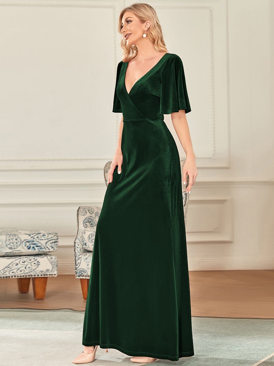 Elegant Double V Neck Velvet Party Dress with Sleeves #color_Dark Green 