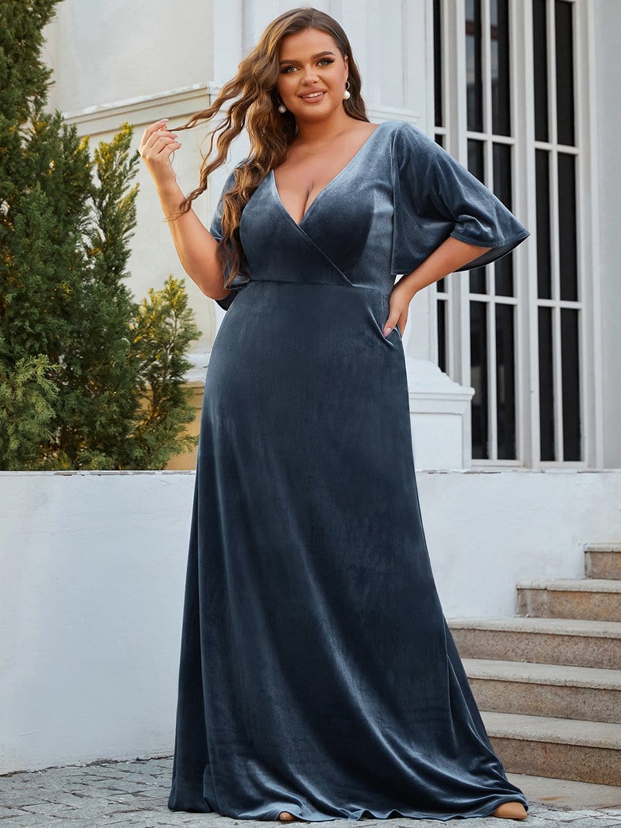 Vintage Plus Size Velvet Maxi Evening Dress #color_Dusty Blue