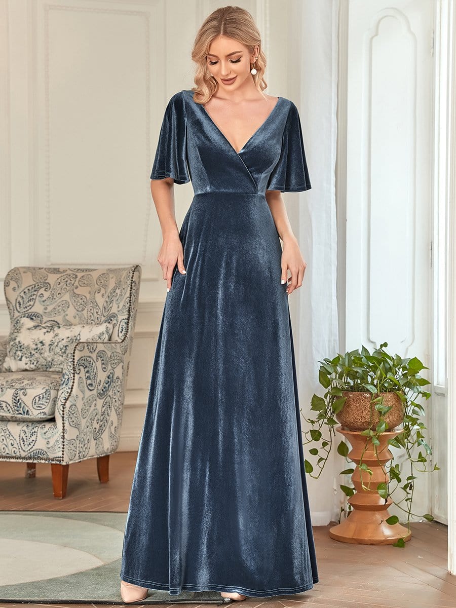Elegant Double V Neck Velvet Party Dress with Sleeves #color_Dusty Navy 