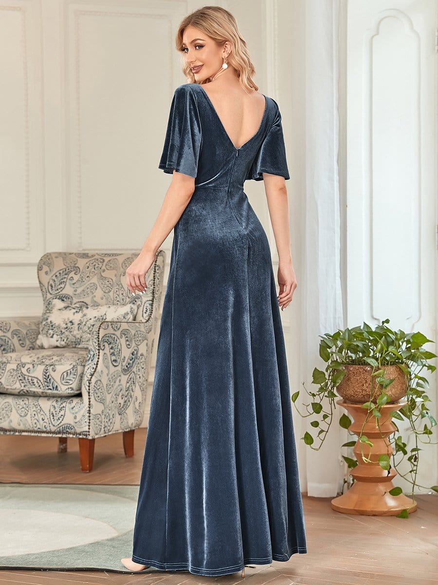 Elegant Double V Neck Velvet Party Dress with Sleeves #color_Dusty Blue