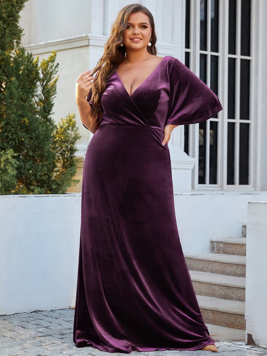 Burgundy Velvet Formal Dress Puffed Sleeve A-Line Prom Dresses