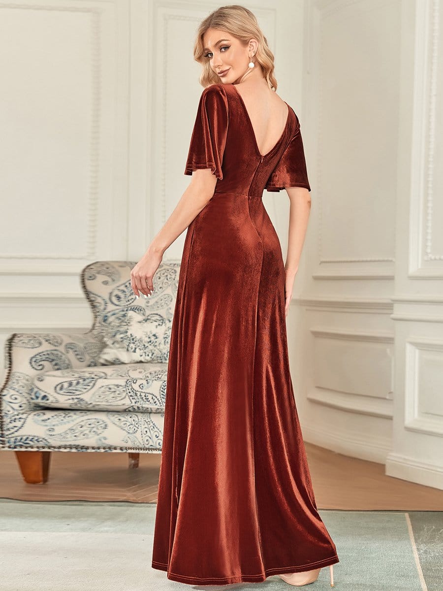 Elegant Double V Neck Velvet Party Dress with Sleeves #color_Brick Red 