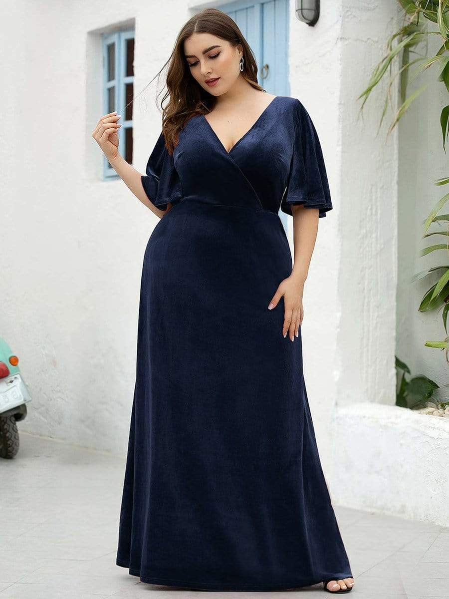 Elegant Double V Neck Velvet Party Dress with Sleeves #color_Navy Blue 