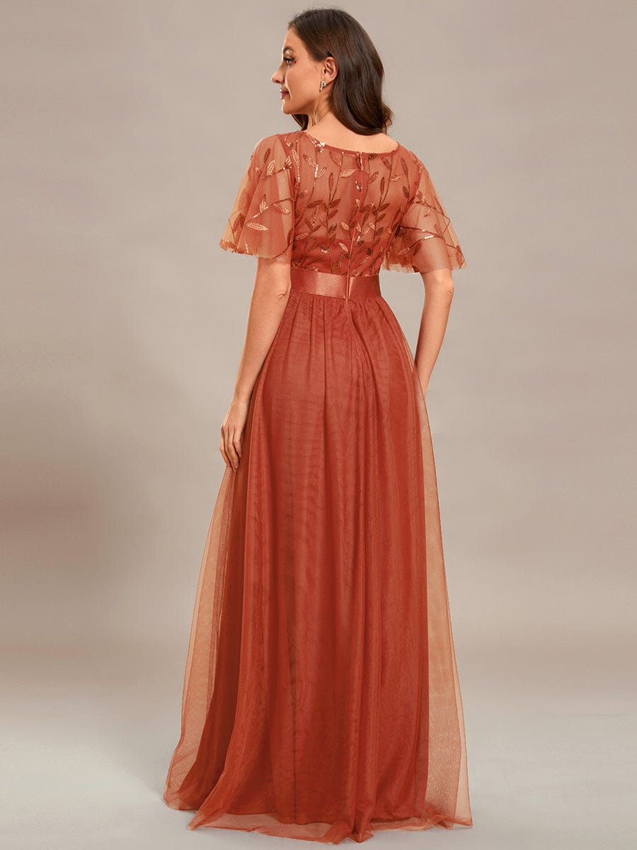 Women's A-Line Short Sleeve Embroidery Floor Length Evening Dresses #color_Burnt Orange