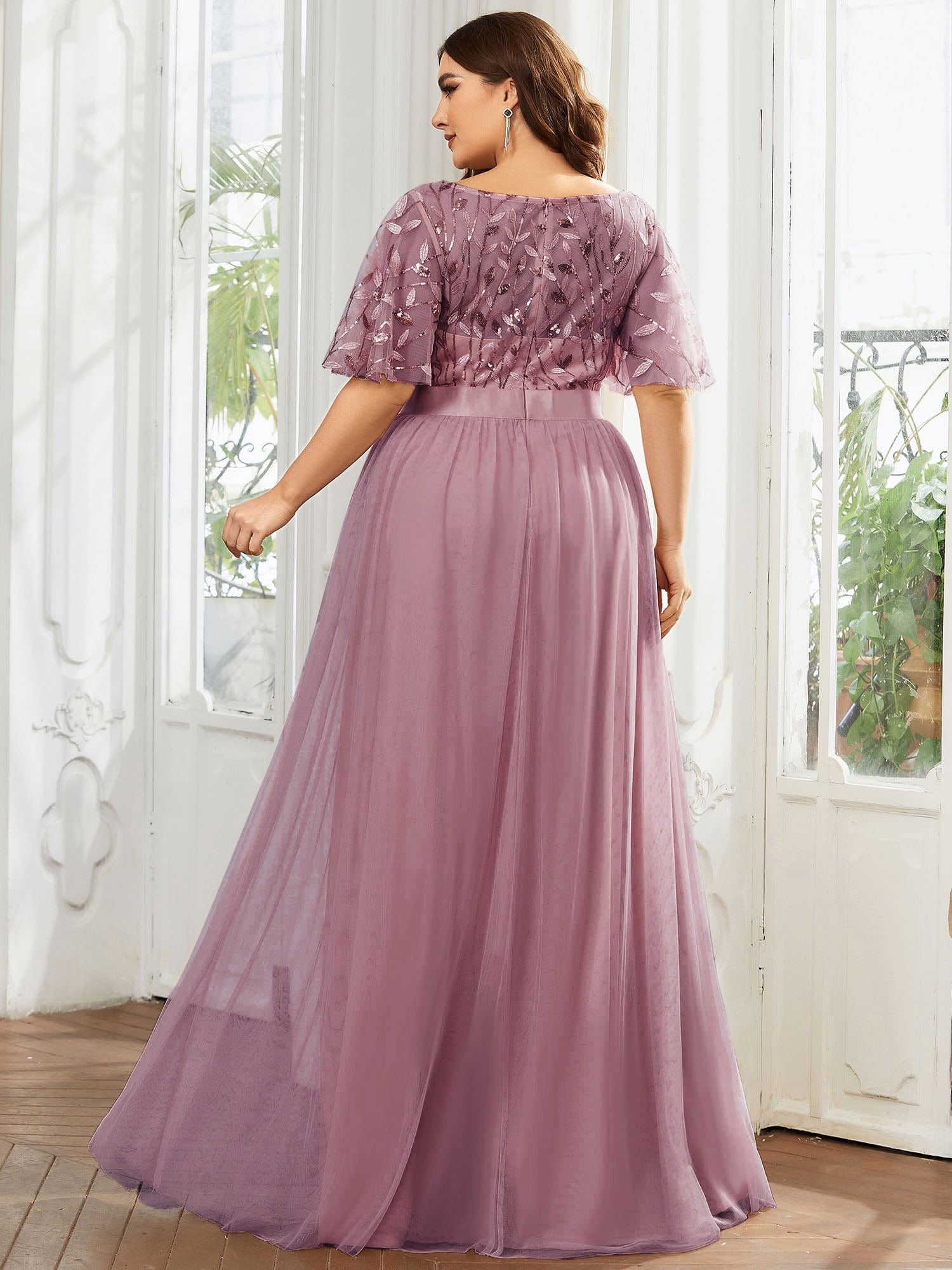 Plus Size Sequin Bodice Long Formal Evening Dresses #color_Purple Orchid