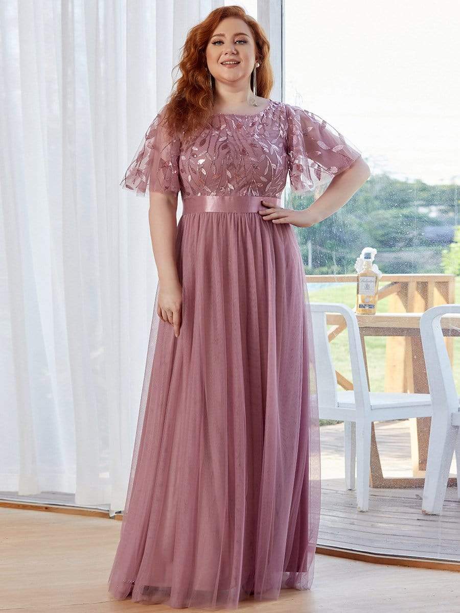 Plus Size Sequin Bodice Long Formal Evening Dresses #color_Purple Orchid 