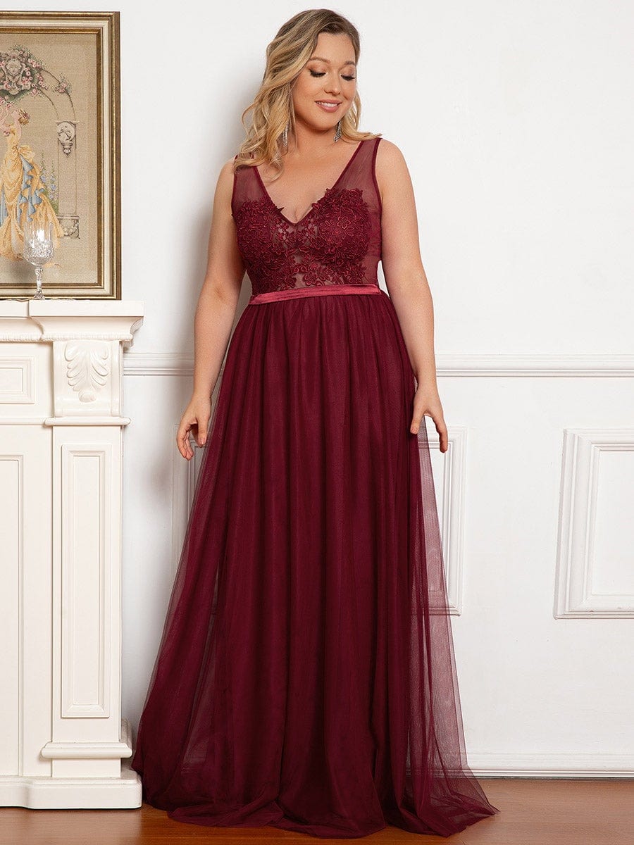 Soft Spaghetti Straps V-Neck Embroidery Evening Dress #color_Burgundy 