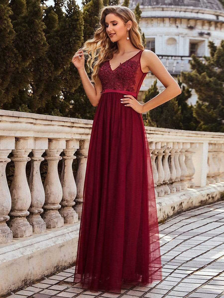 Soft Spaghetti Straps V-Neck Embroidery Evening Dress #color_Burgundy 