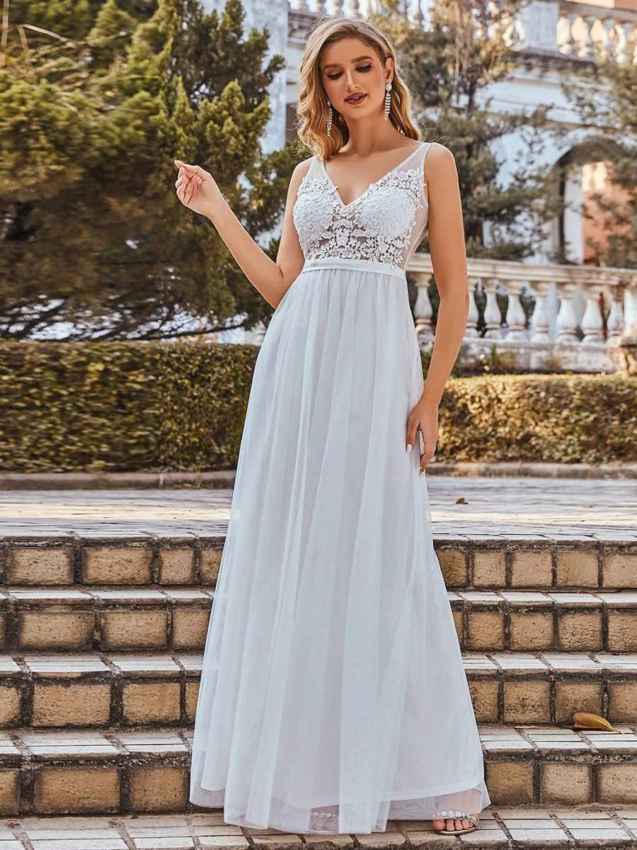 Soft Spaghetti Straps V-Neck Embroidery Evening Dress #color_Cream 