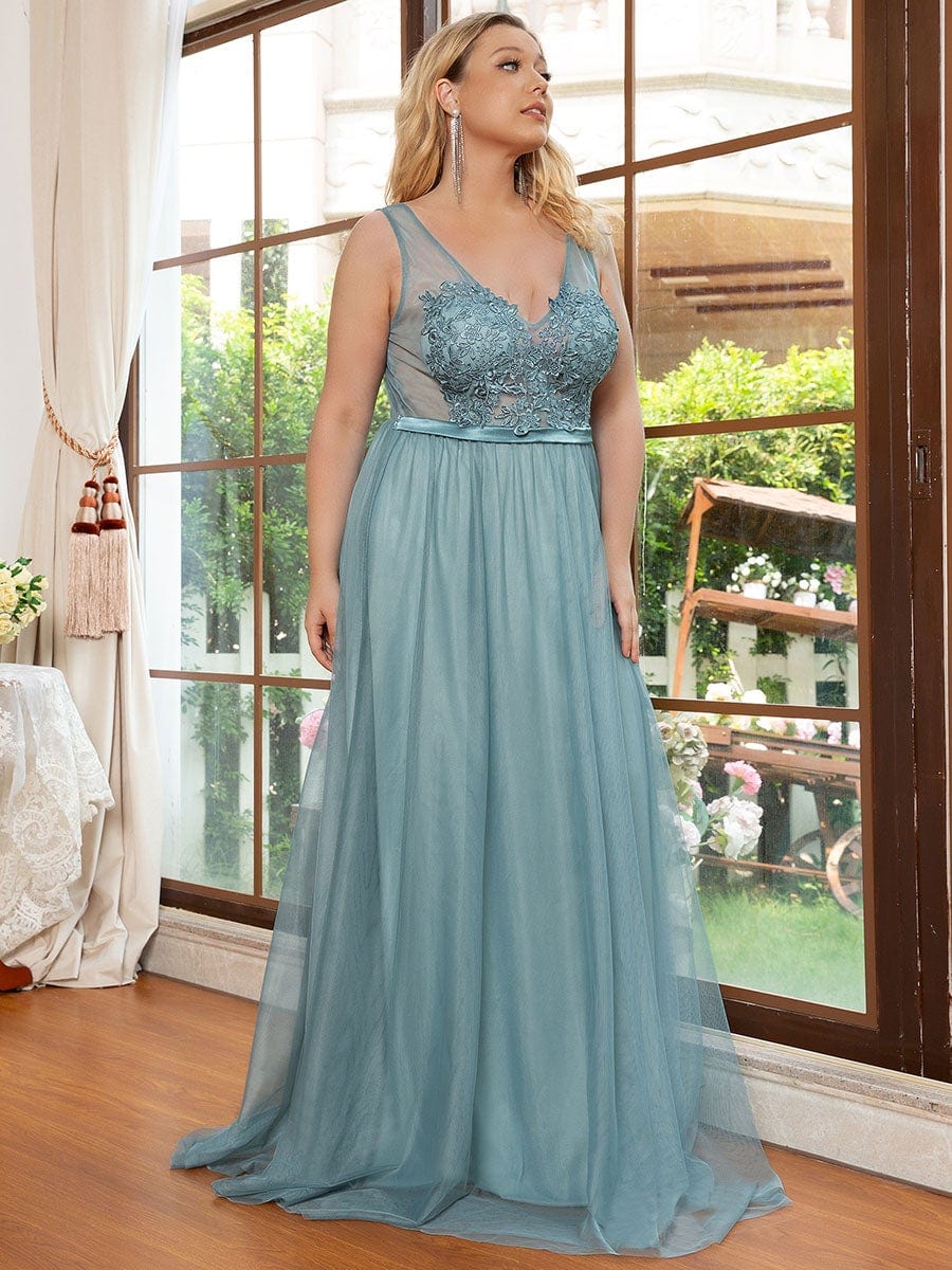 Soft Spaghetti Straps V-Neck Embroidery Evening Dress #color_Light Teal 