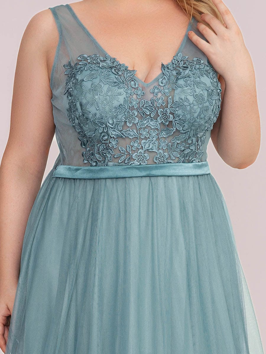 Soft Spaghetti Straps V-Neck Embroidery Evening Dress #color_Dusty Blue