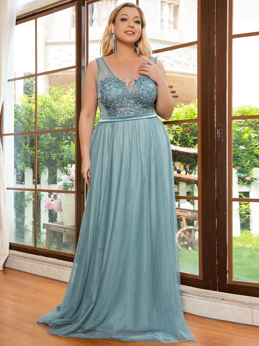 Soft Spaghetti Straps V-Neck Embroidery Evening Dress #color_Light Teal