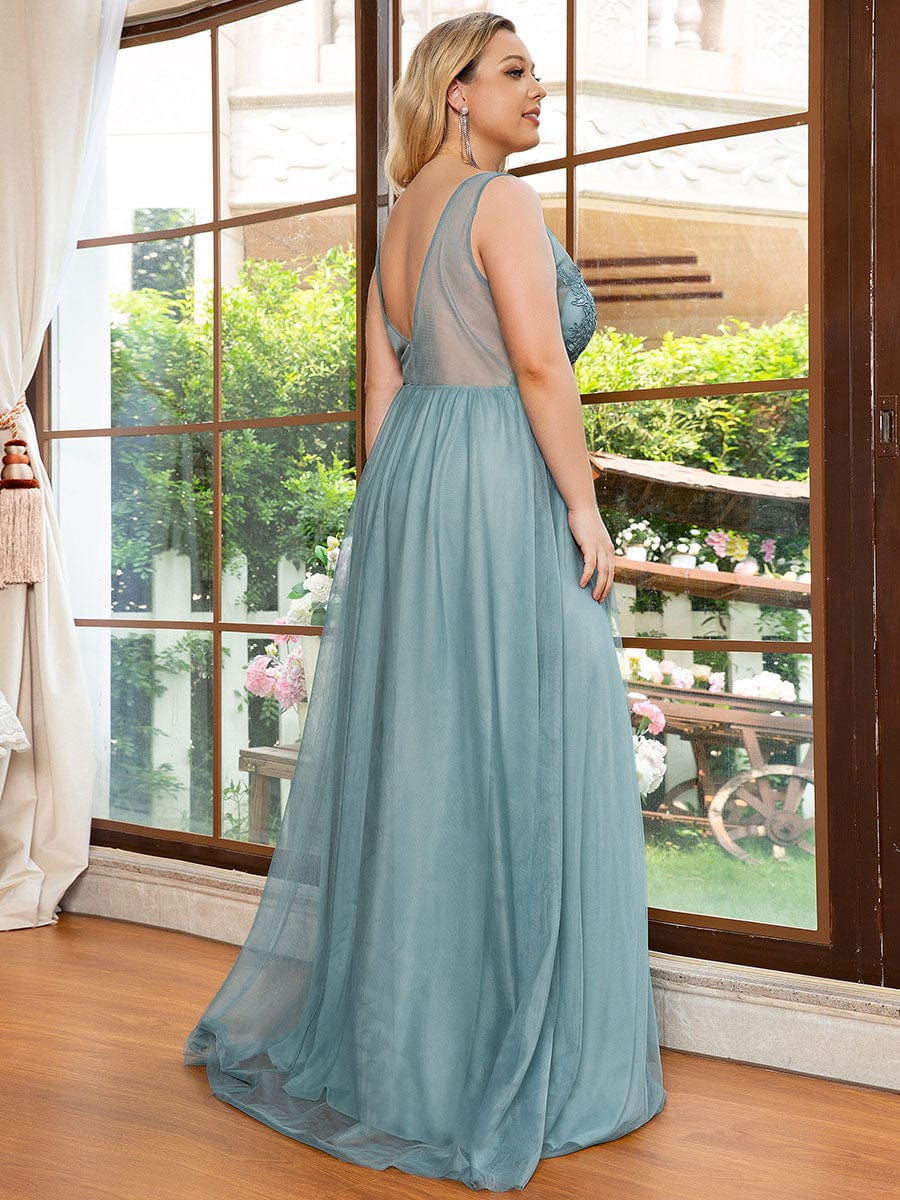 Soft Spaghetti Straps V-Neck Embroidery Evening Dress #color_Light Teal