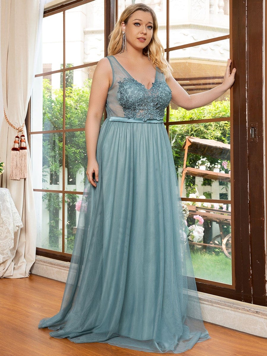 Soft Spaghetti Straps V-Neck Embroidery Evening Dress #color_Light Teal 