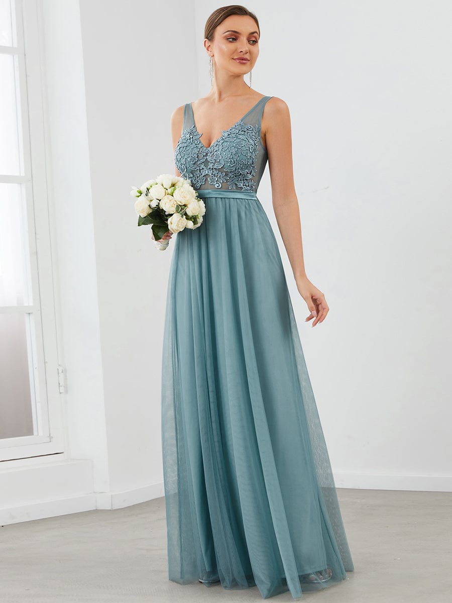 Soft Spaghetti Straps V-Neck Embroidery Evening Dress #color_Light Teal