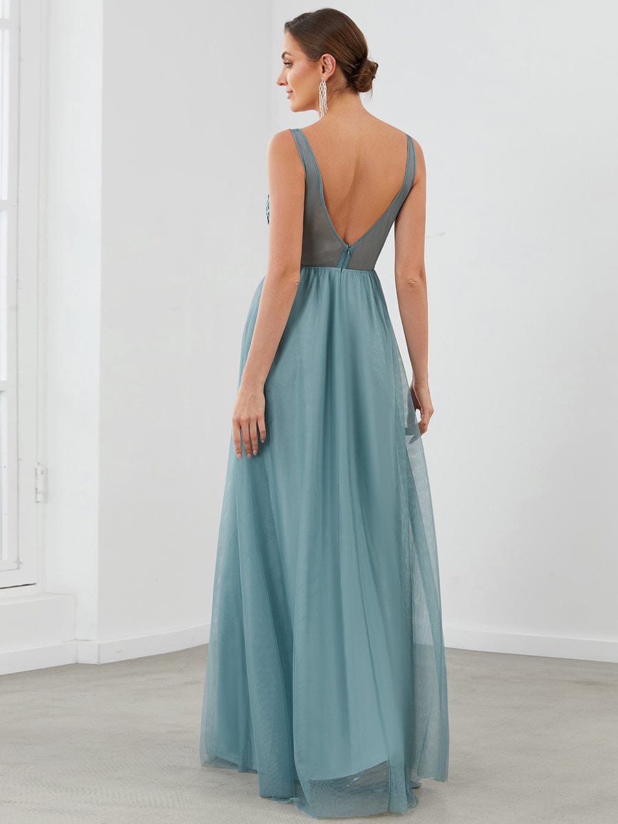 Soft Spaghetti Straps V-Neck Embroidery Evening Dress #color_Light Teal