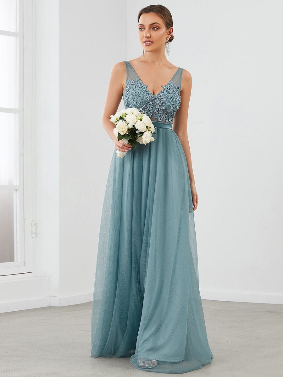 Soft Spaghetti Straps V-Neck Embroidery Evening Dress #color_Light Teal