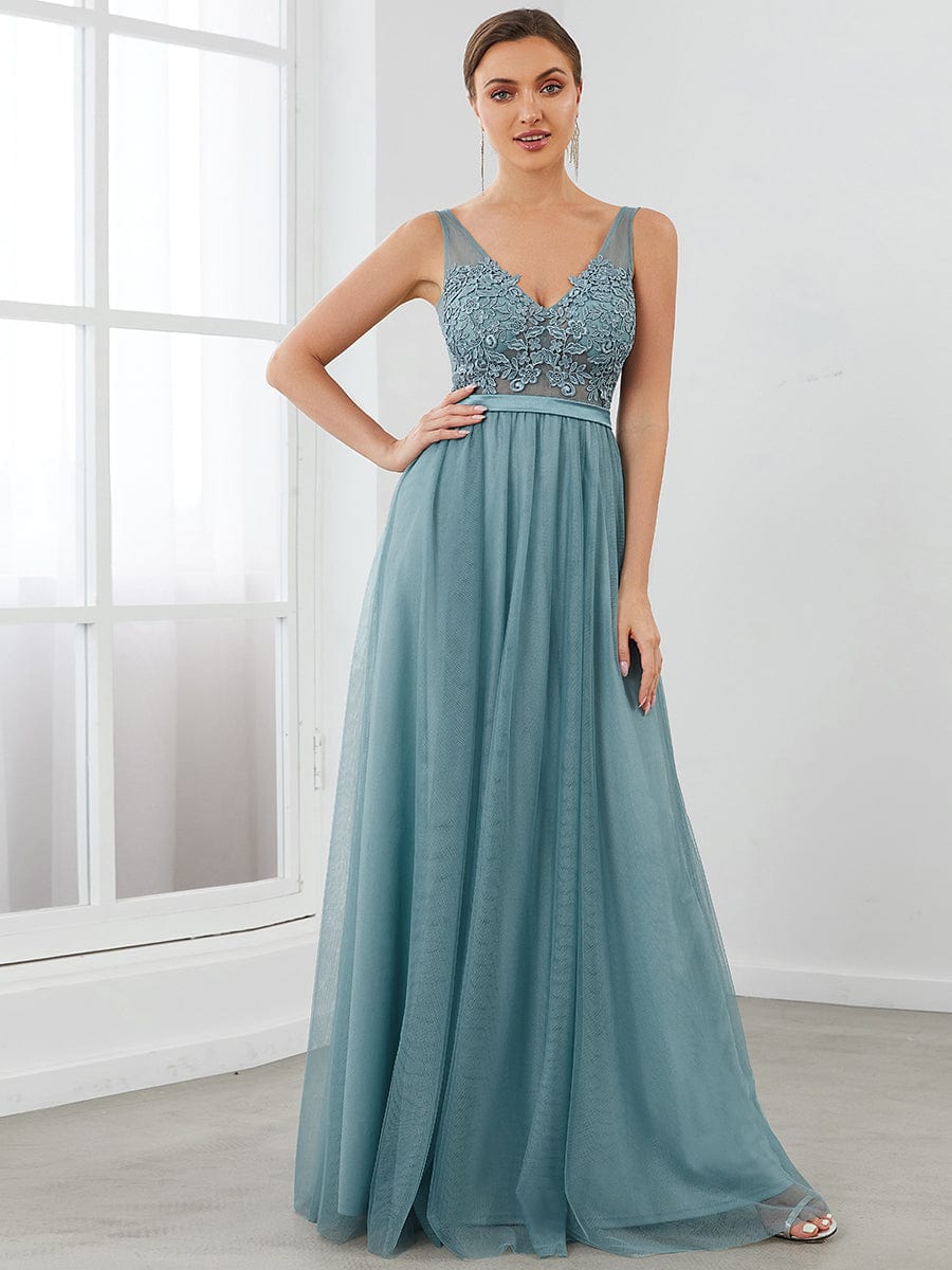 Soft Spaghetti Straps V-Neck Embroidery Evening Dress #color_Light Teal