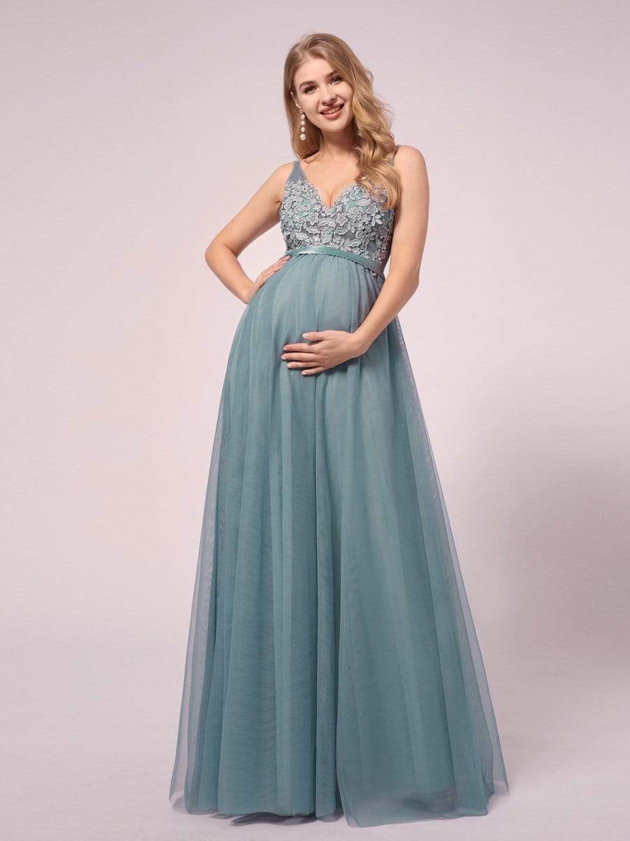 Soft Spaghetti Straps V-Neck Embroidery Evening Dress #color_Light Teal 