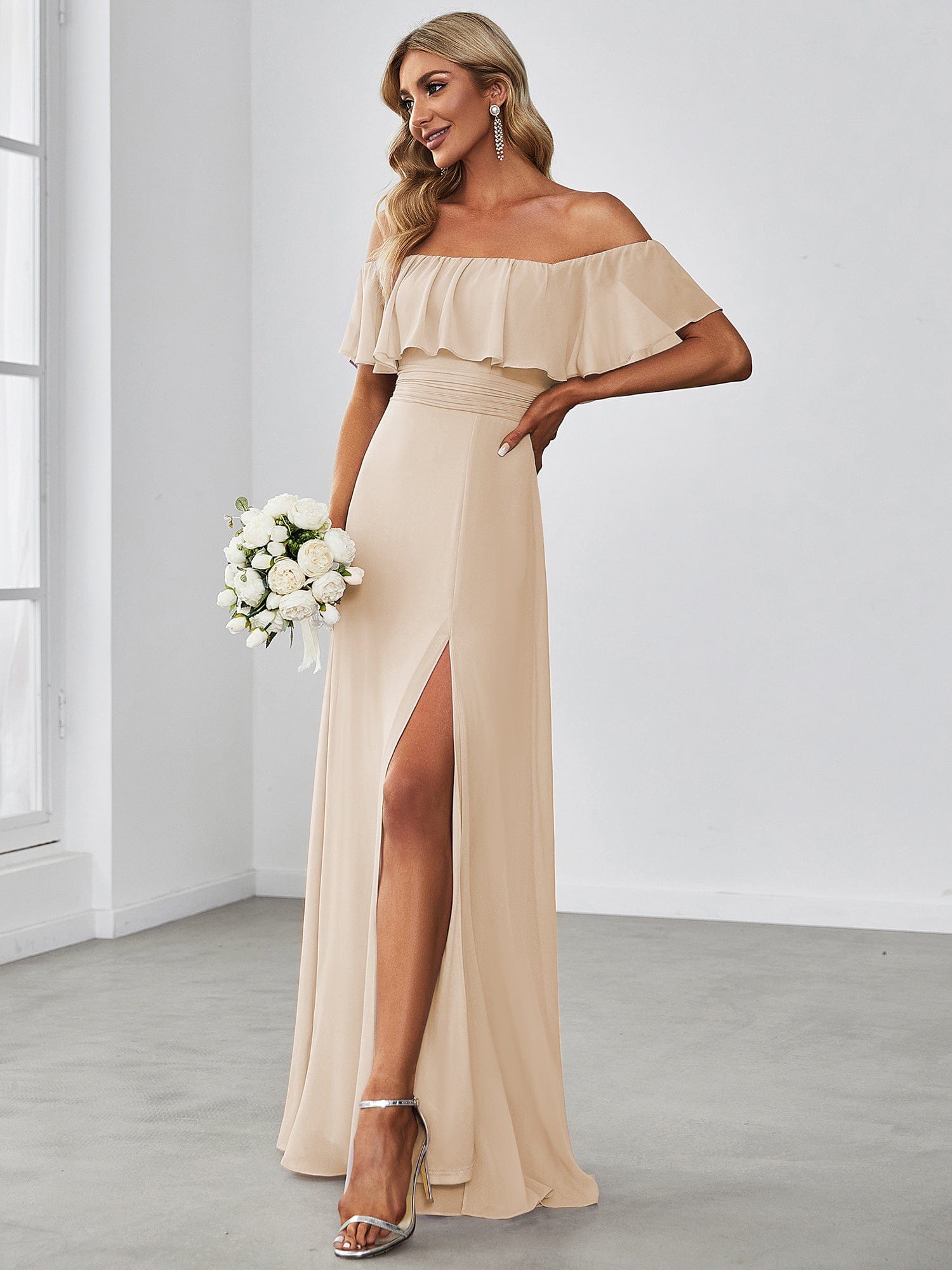 Custom Size Chiffon Ruffle Off Shoulder Thigh Split Bridesmaid Dresses #color_Blush