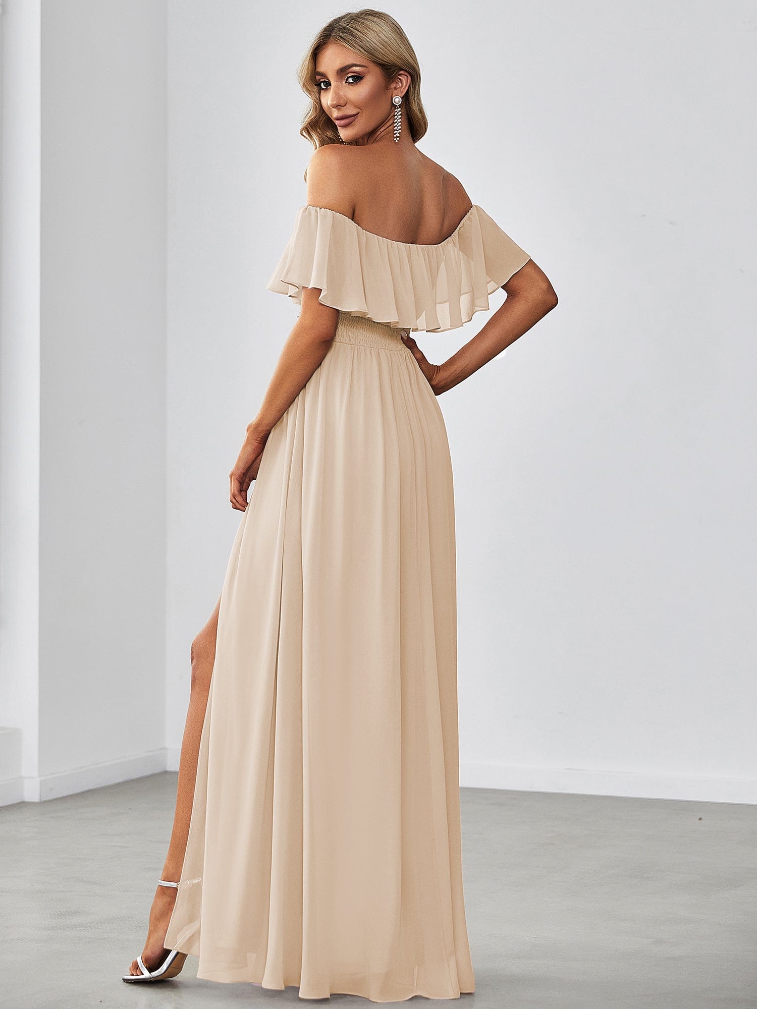 Custom Size Chiffon Ruffle Off Shoulder Thigh Split Bridesmaid Dresses #color_Blush