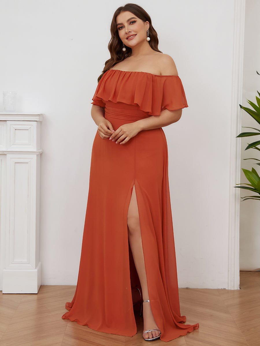 Custom Size Chiffon Ruffle Off Shoulder Thigh Split Bridesmaid Dresses #color_Burnt Orange