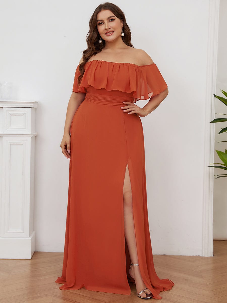 Custom Size Chiffon Ruffle Off Shoulder Thigh Split Bridesmaid Dresses #color_Burnt Orange