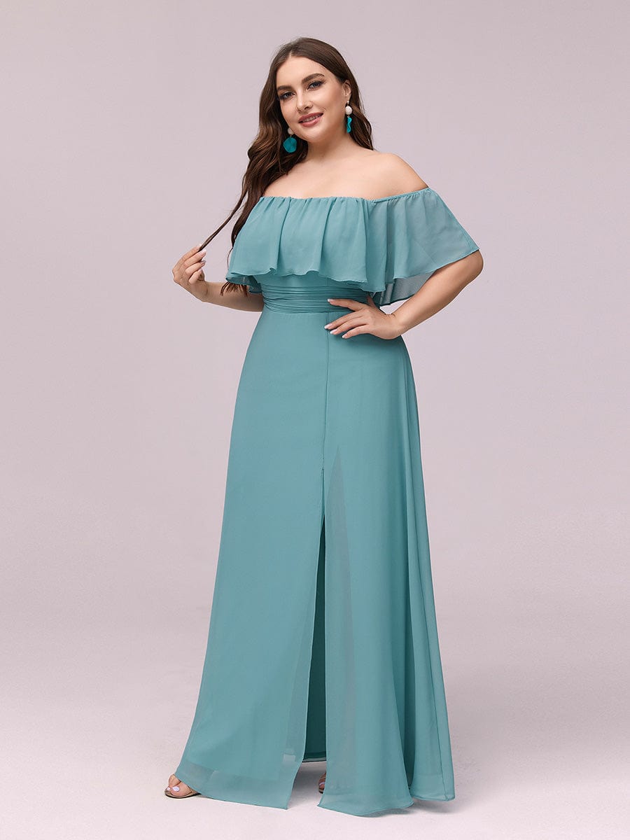 Custom Size Chiffon Ruffle Off Shoulder Thigh Split Bridesmaid Dresses #color_Light Teal