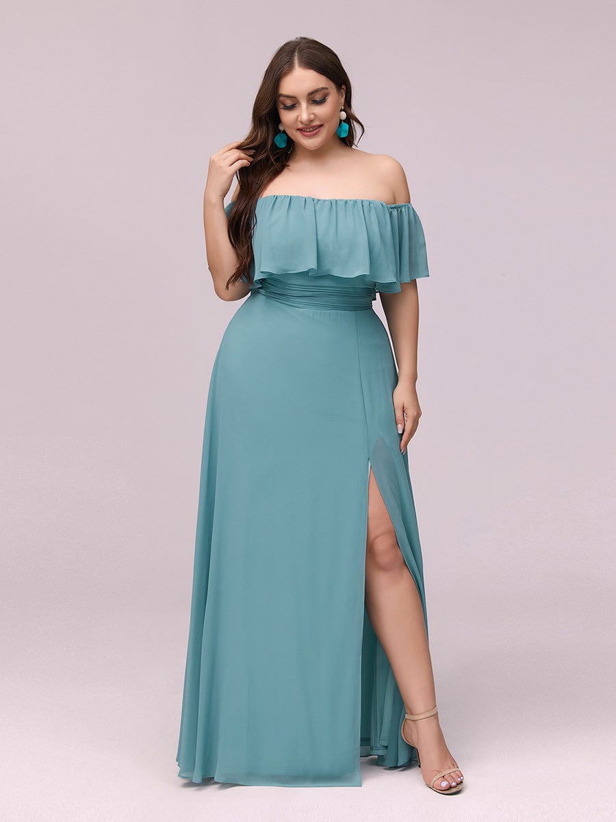 Custom Size Chiffon Ruffle Off Shoulder Thigh Split Bridesmaid Dresses #color_Light Teal