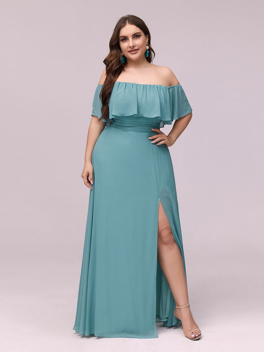 Custom Size Chiffon Ruffle Off Shoulder Thigh Split Bridesmaid Dresses #color_Light Teal