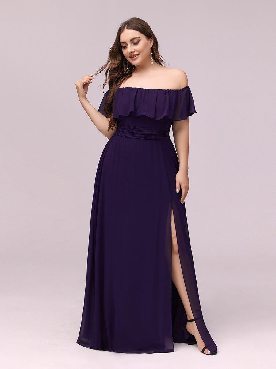 Custom Size Chiffon Ruffle Off Shoulder Thigh Split Bridesmaid Dresses #color_Dark Purple