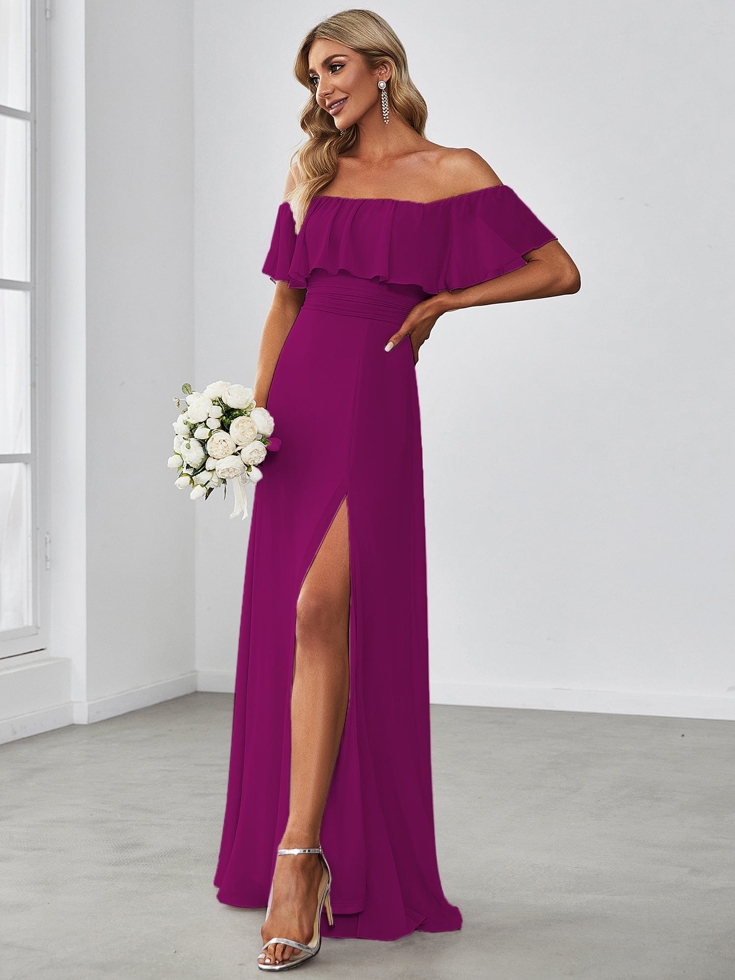 Custom Size Chiffon Ruffle Off Shoulder Thigh Split Bridesmaid Dresses #color_Fuchsia