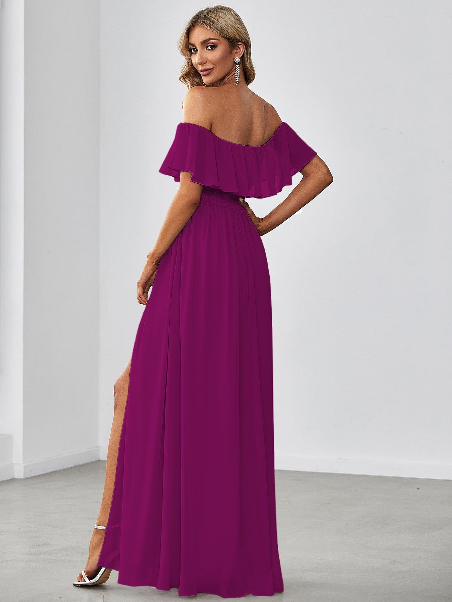 Custom Size Chiffon Ruffle Off Shoulder Thigh Split Bridesmaid Dresses #color_Fuchsia