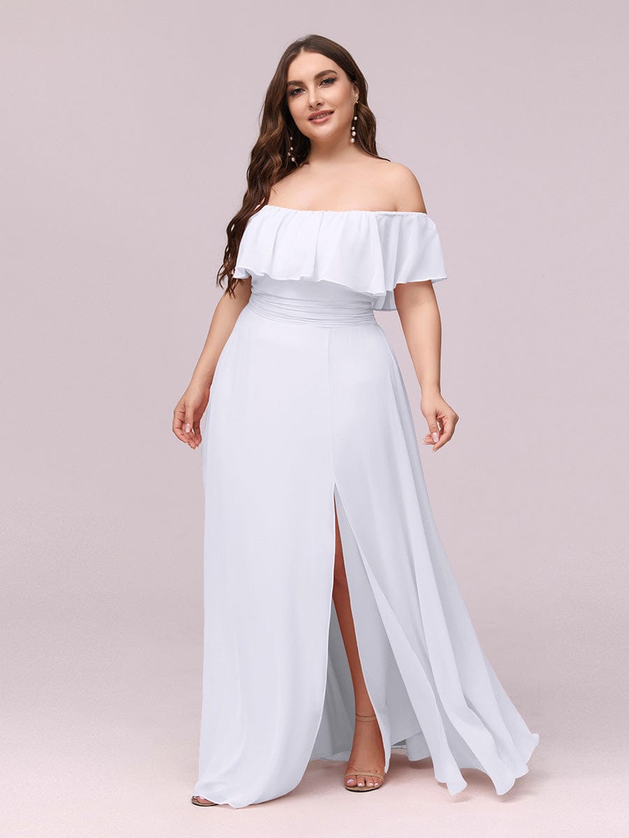 Custom Size Chiffon Ruffle Off Shoulder Thigh Split Bridesmaid Dresses #color_White